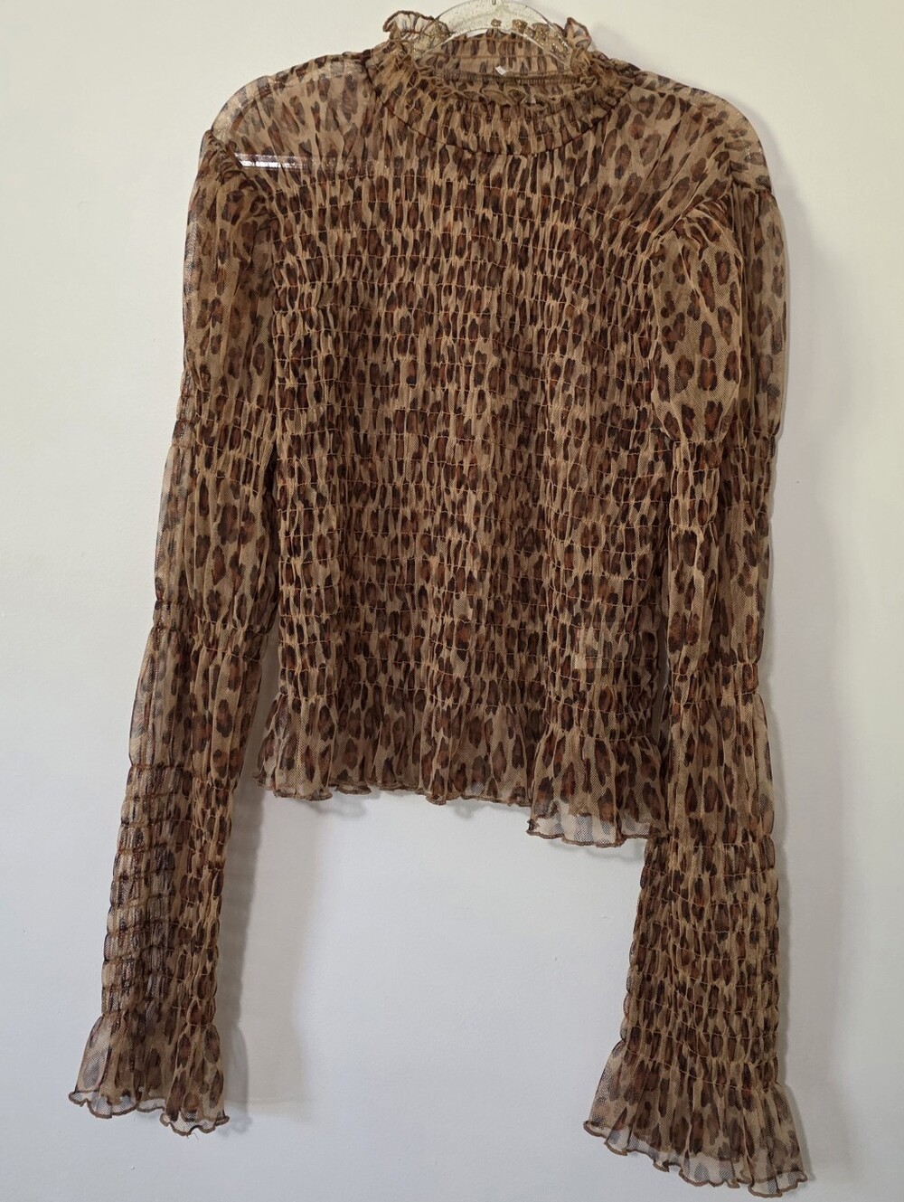 Free People Hello There Smocked Leopard Print Sheer Top Indie Sleaze Y2K Large - Picture 1 of 10